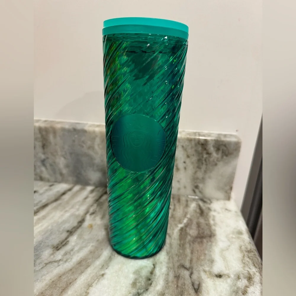 Starbucks 2022 Holiday Iridescent Green Candy Cane Swirl Acrylic Tumbler, 16oz - Picture 1 of 4